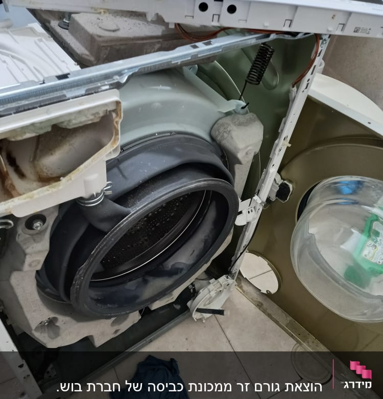 מכונת כביסה פתוחה עם חלקים פנימיים חשופים